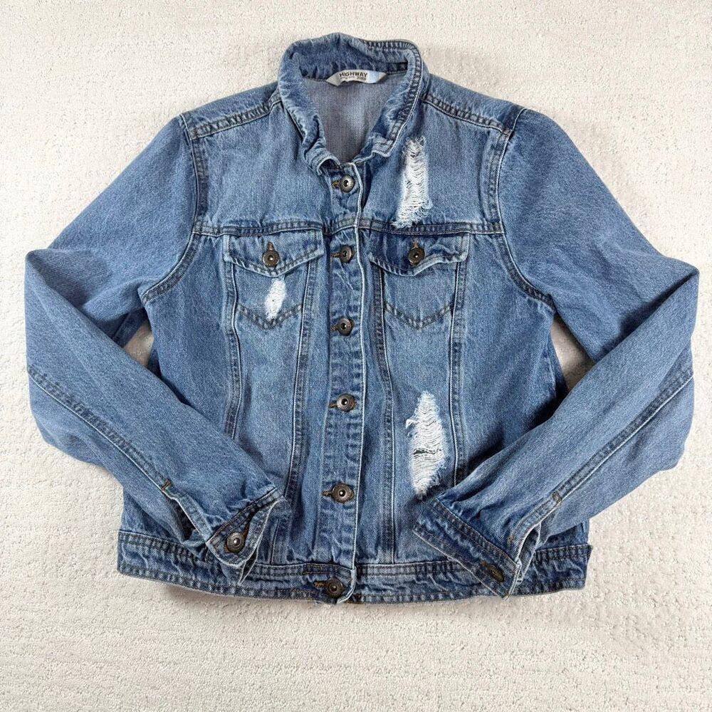 Highway Jeans Denim Jacket Destroyed Button Up Medium Blue - Juniors US L